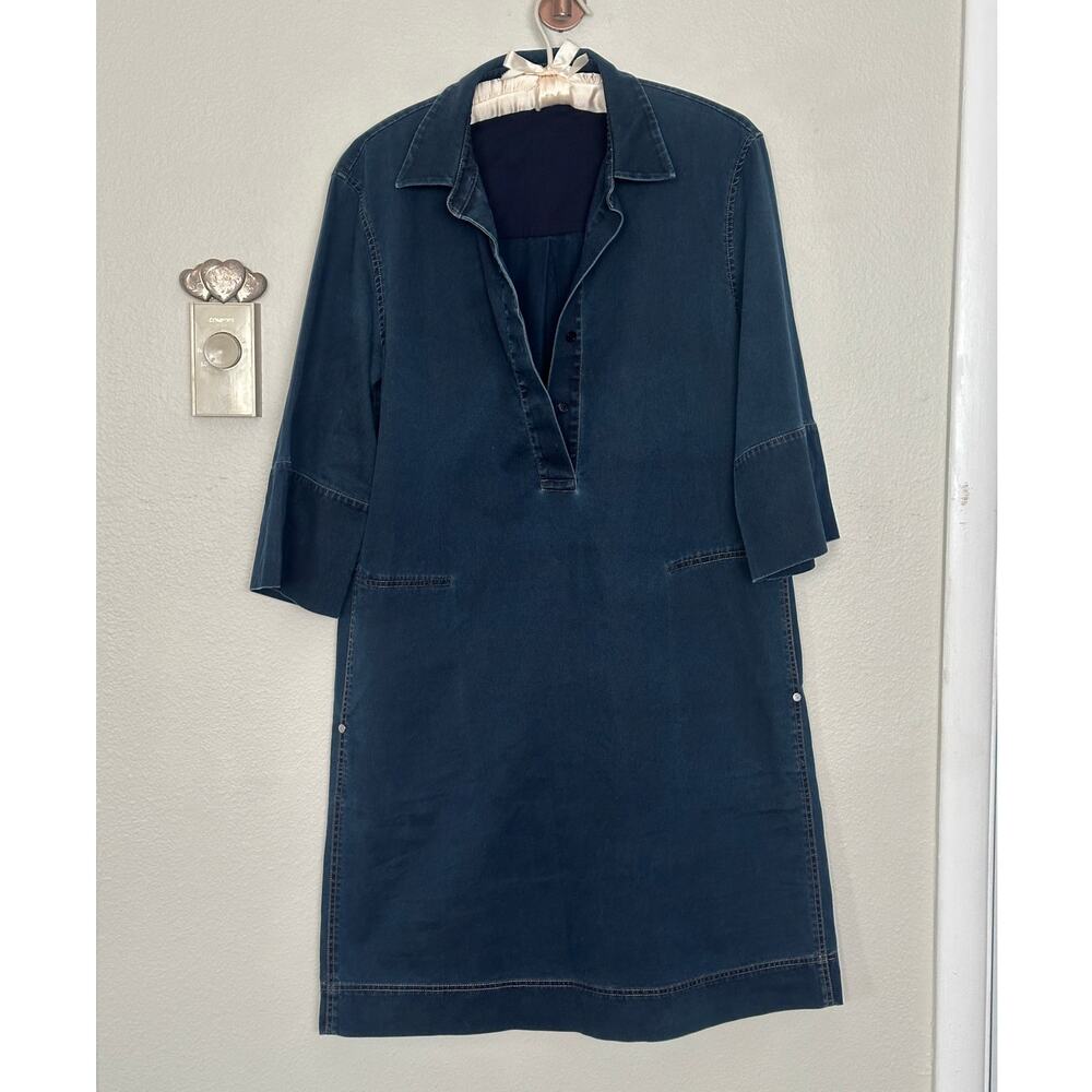 Lafayette 148 S Dark Blue Denim Tunic Mini Dress Collared Button Up Pockets - Picture 2 of 6